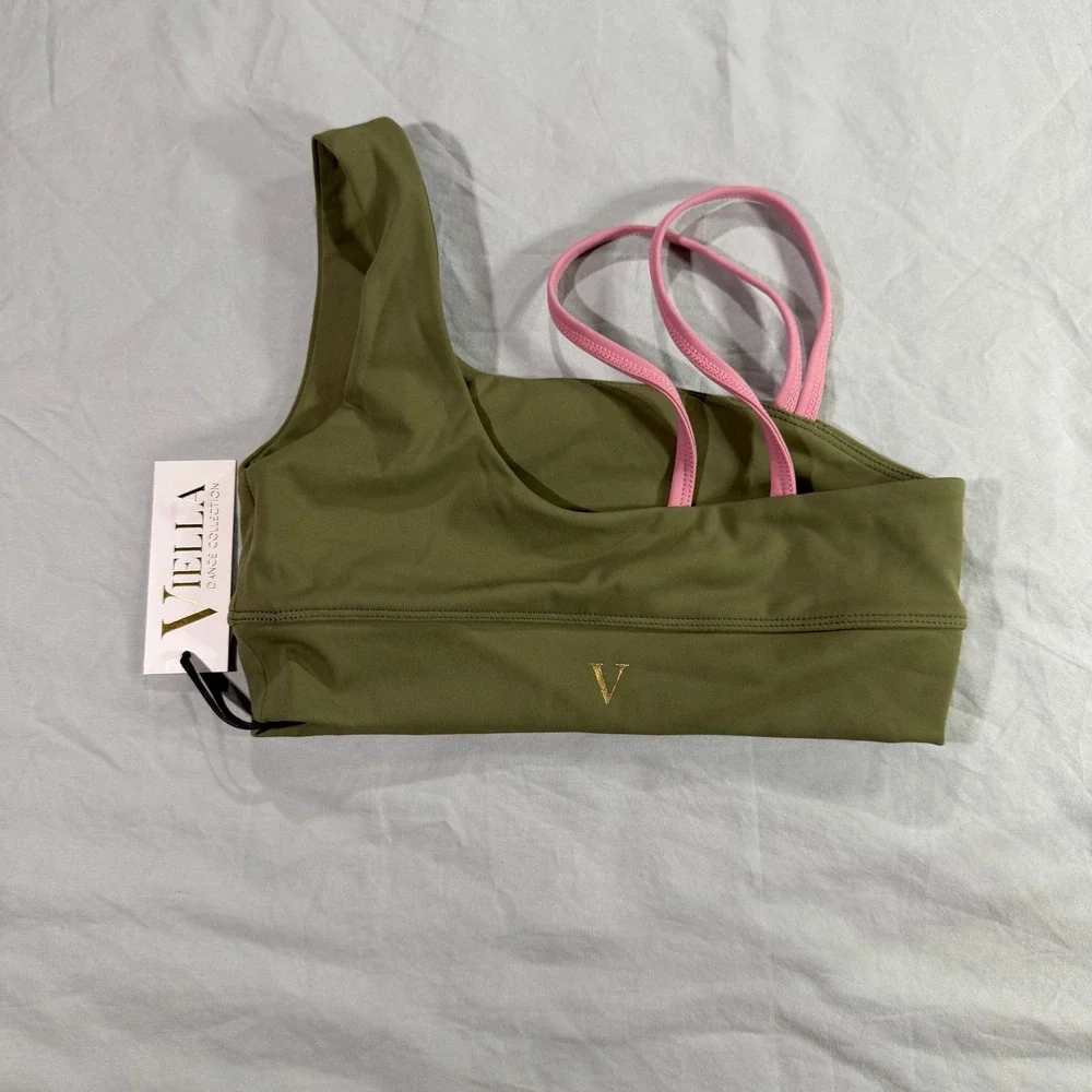 Viella Dance Collection Kids One Shoulder Sports Bra Olive Green Pink Size M NEW